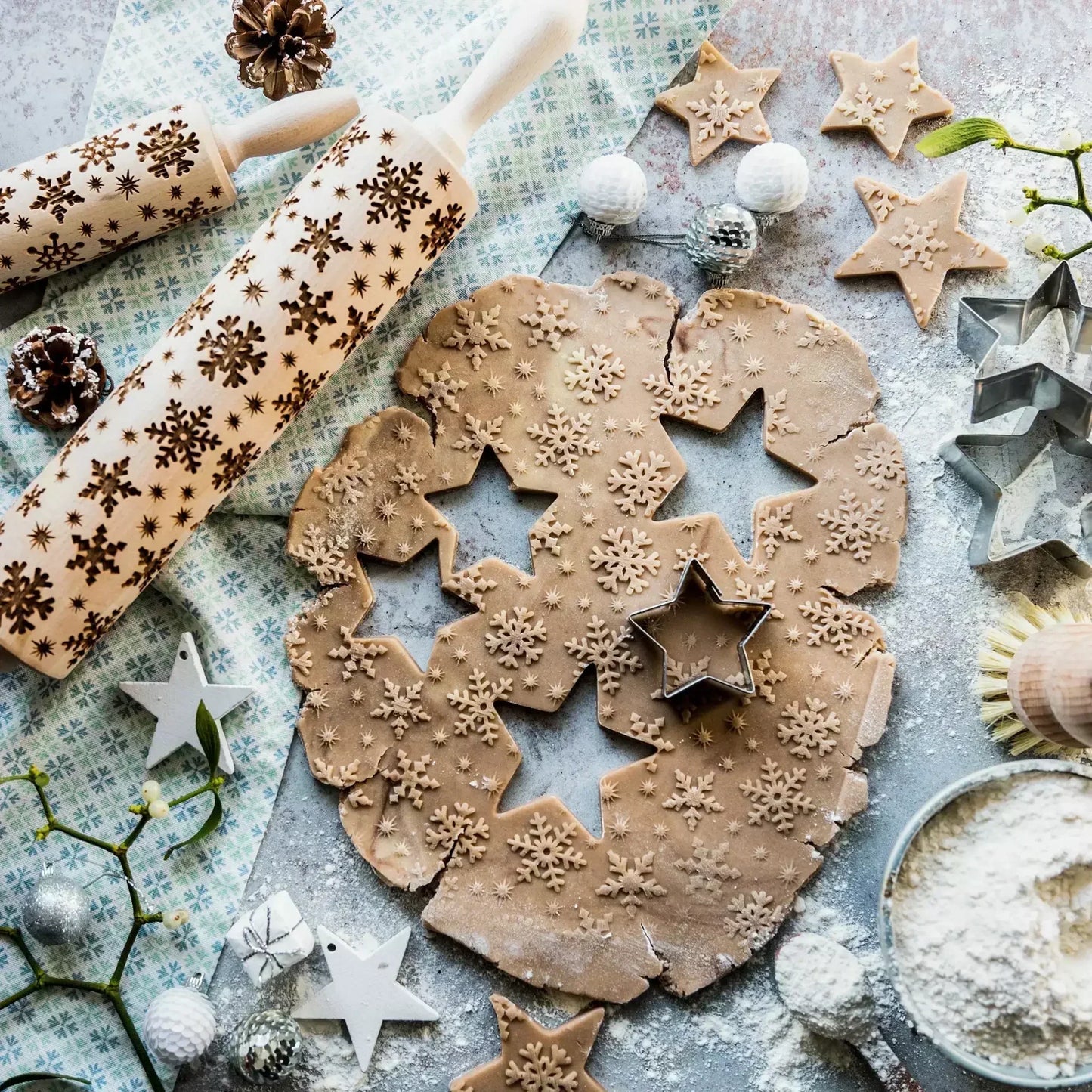 Printing Rolling Pins Rock Snowflake Elk Wooden  Embossing Baking Cookies Biscuit Fondant Cake Patterned Roller 35*5cm